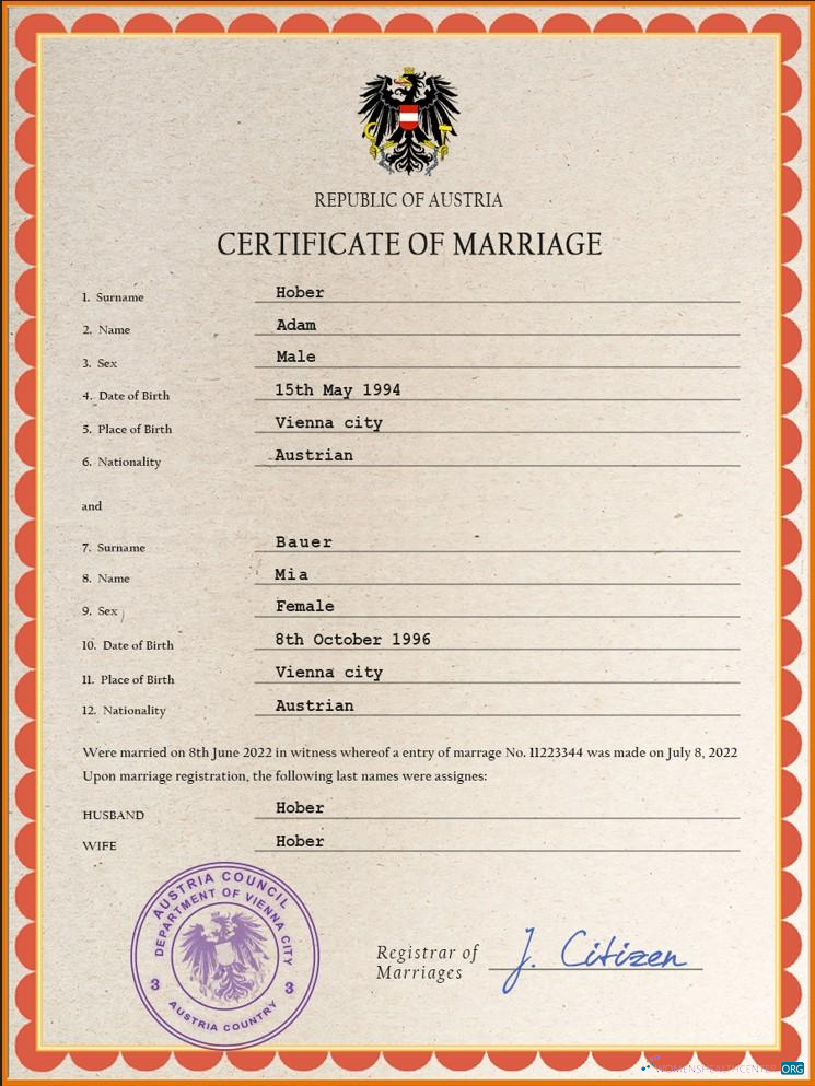 Download Austria marriage certificate PSD template, Photoshop template